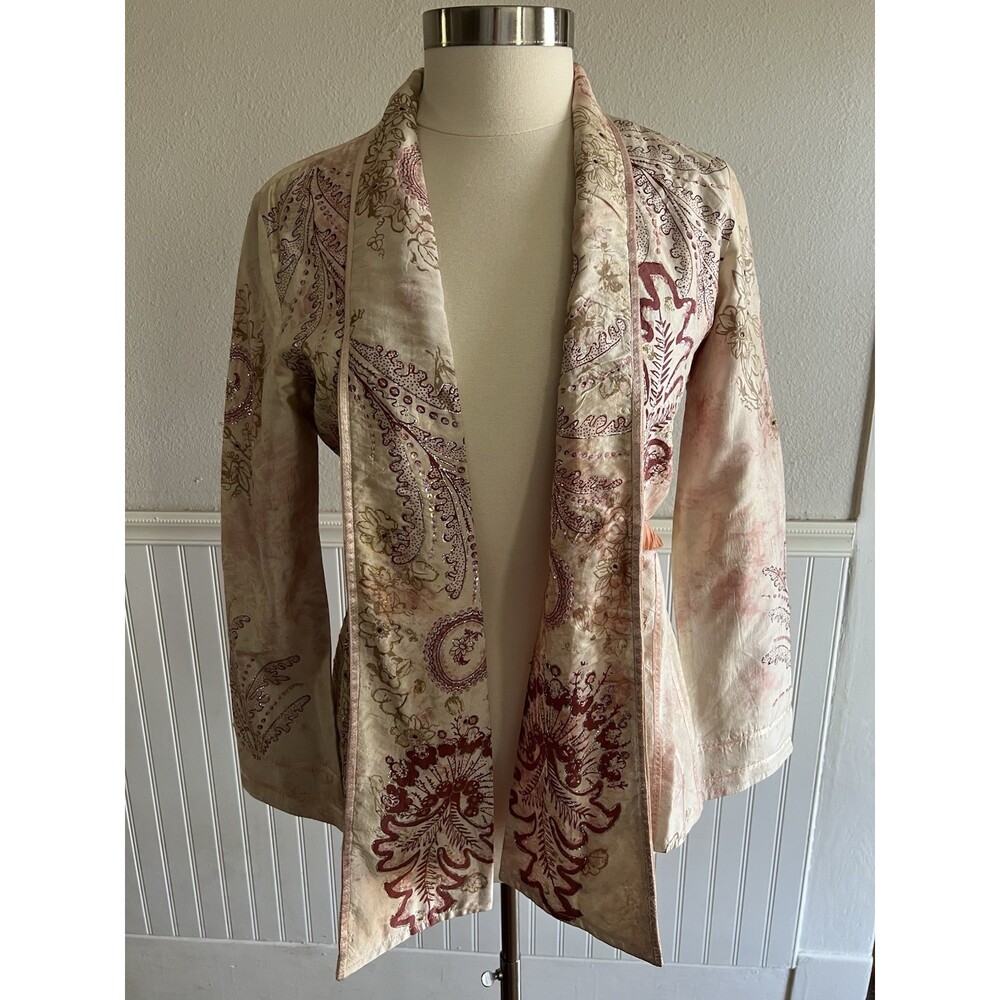 Sandy Starkman Open Front Jacket Silk Sequin Sparkle Ribbon Romantic Pink M/L